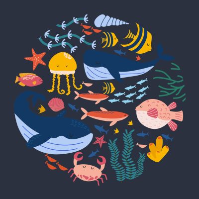 marine-animals-and-fish-marine-banner-stylized-in-a-circle-underwater-world-sea-life-illustration-in-cartoon-style-concept-card-with-underwater-inhabitants-illustration-vector